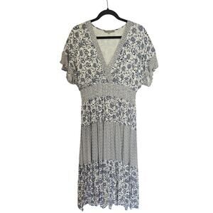 J.Gee blue floral maxi dress smocked cottage XL coastal romantic twirl flutter